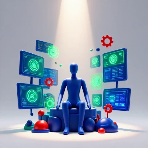 An abstract creator surrounded by vibrant digital screens and swirling AI icons, illuminated by a beam of natural light in a bright clean studio scene.
