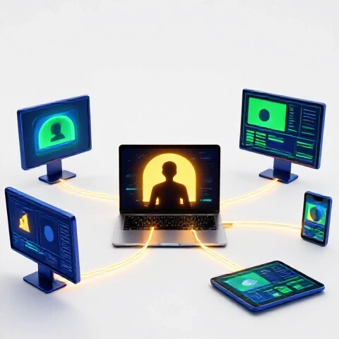 A central laptop connected by glowing lines to multiple colorful screens, symbolizing remote video editing collaboration.