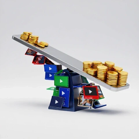Dramatic seesaw balances gold coins against vibrant video thumbnails on bright white background.