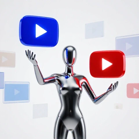 Two vibrant YouTube play buttons being skillfully juggled before floating screens on a bright background.