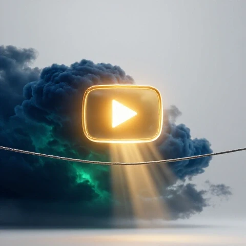 A glowing YouTube play button balanced on a metallic tightrope above stormy clouds with rays of light breaking through.