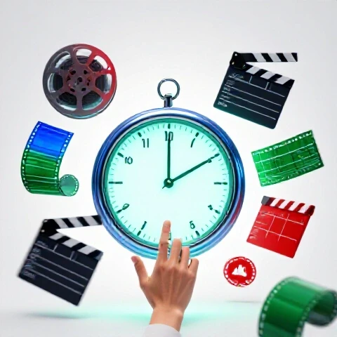 A bold metallic countdown clock surrounded by vivid 3D video editing tools against a bright studio backdrop