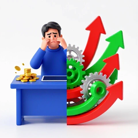 Split scene showing shrinking gold coins on one side and vibrant arrows with gears on the other, symbolizing adapting to YouTube income drops.