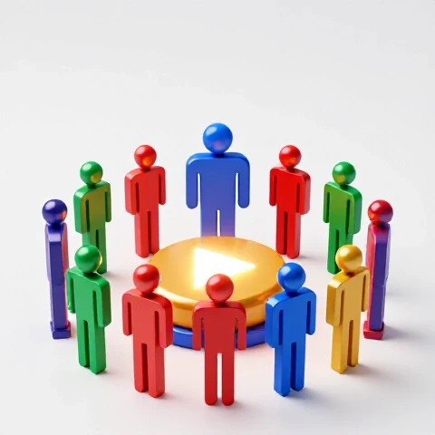 Confident abstract leader guiding a dynamic team around a giant glowing play button with vibrant colors