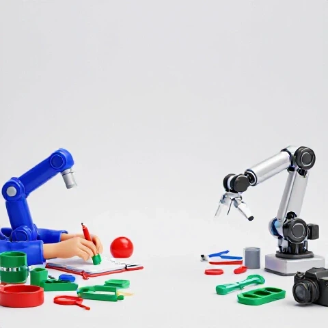 Split scene showing colorful hands assembling creative tools beside inactive metallic robotic arms, with a bright, clean background.