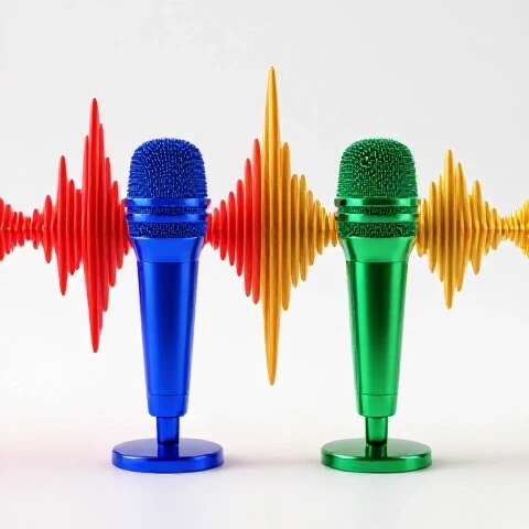 Two vibrant microphones with dynamic sound waves merging into balanced audio on a bright white background.