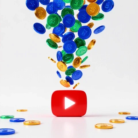 Exciting digital tokens flow upward from a glowing red YouTube play button on a bright studio background