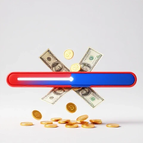 Golden coins and dollar bills flow through a split YouTube progress bar on a luminous white studio background.