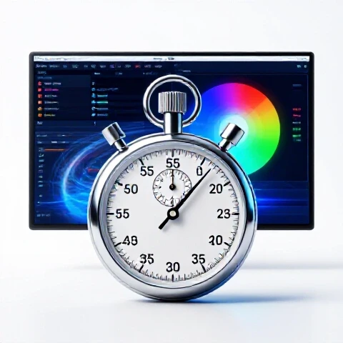 Chrome stopwatch in motion before a glowing computer screen with DaVinci Resolve color wheels, bright studio light.