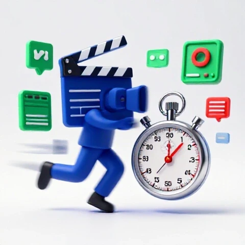 A vivid scene of a racing clapperboard and stopwatch with motion blur, set amid video editing tools and timelines, symbolizing workflow speed.
