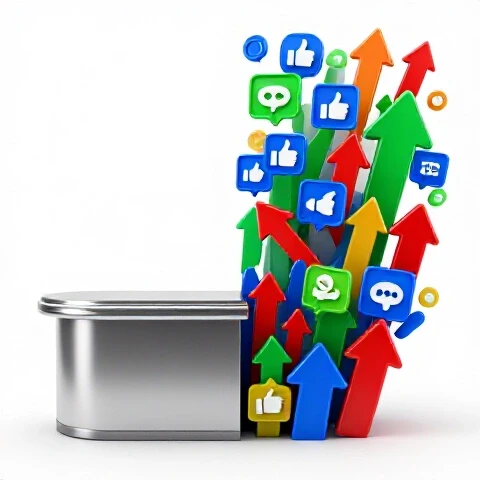 A dramatic split scene featuring a video view counter on one side and vibrant engagement icons with upward arrows on the other, set on a bright white background.