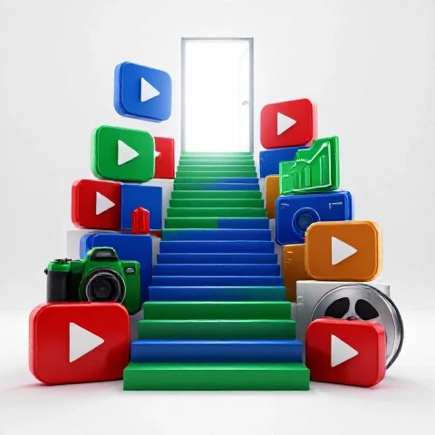 Staircase of vibrant media icons ascending to a glowing doorway on a bright white background, symbolizing business growth.