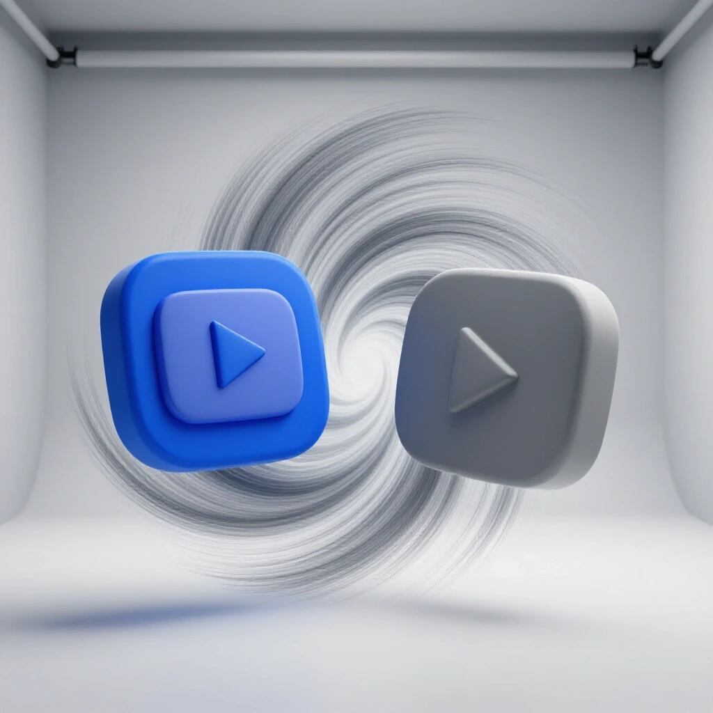 A visually striking image of two YouTube account icons in vibrant and muted colors merging into a dynamic vortex