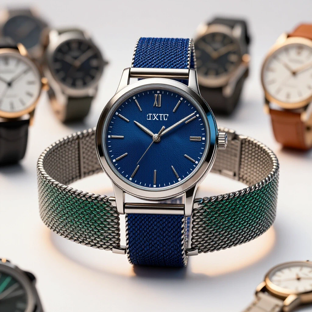 Close-up of an elegant mesh bracelet watch with a blurred background of other watch styles, accentuating its luxury and detail.