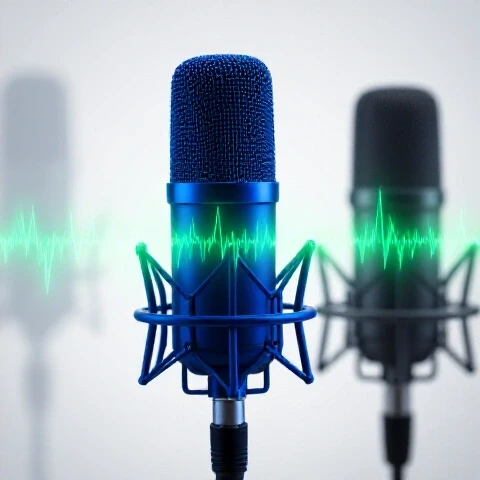 Premium studio microphone emitting vibrant energy waves, contrasting with a dull outdated mic fading behind it.