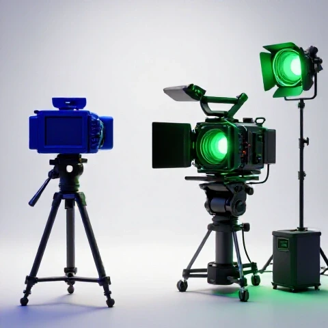 Split-screen with simple video setup on one side and high-end cinematic studio equipment on the other, contrasting styles.