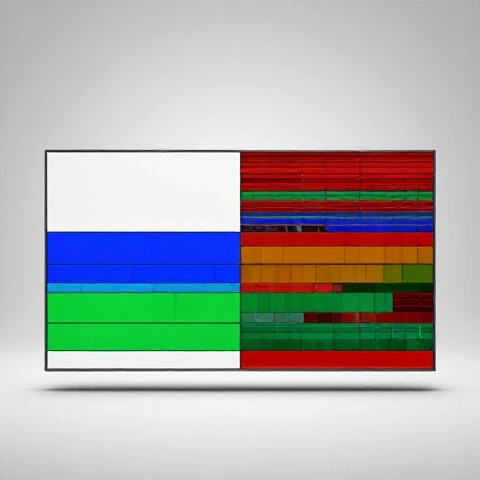 Split-screen image comparing a minimalist blue and green video timeline with a complex, layered multi-colored timeline on a bright background.