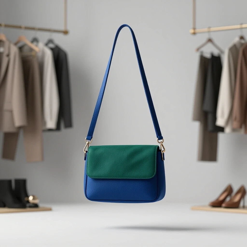 A minimalist crossbody bag in rich royal blue floats above a soft-focus backdrop of wardrobe essentials, evoking luxury.
