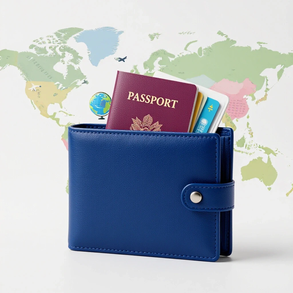 Sleek open minimalist wallet with passport and travel essentials against a world map background, evoking a sense of adventure.
