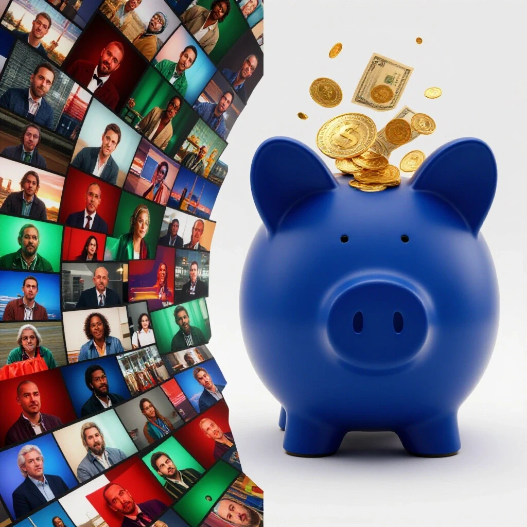 A vibrant split-screen image showing a collage of video thumbnails on one side and an overflowing piggy bank on the other, symbolizing YouTube monetization.