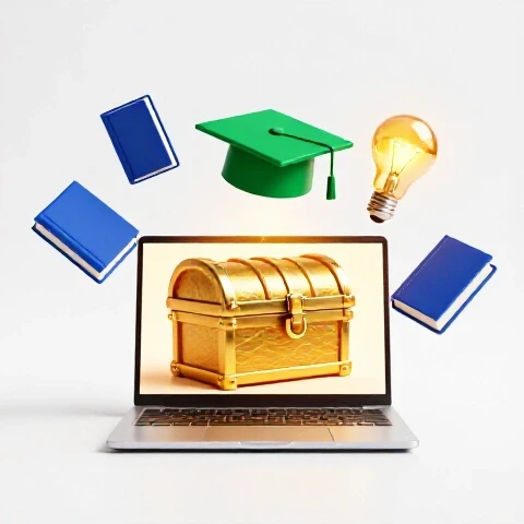 Laptop on a bright background with golden light and treasure chest emerging, surrounded by books, cap, and lightbulb symbols.
