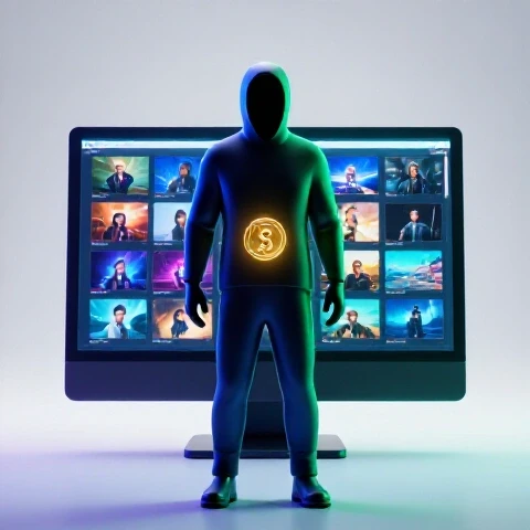 Silhouetted figure holding a golden coin in front of a glowing computer screen with video thumbnails, suggesting anonymous YouTube monetization.