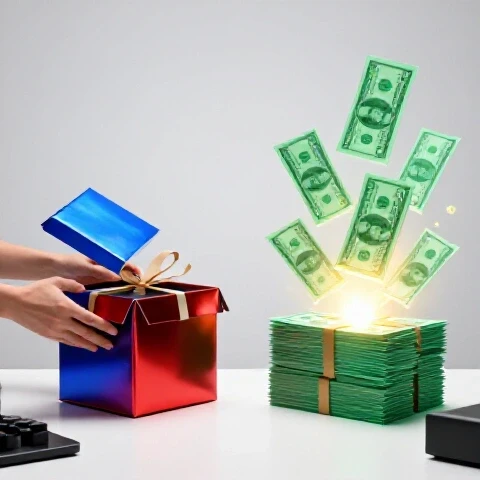 Split scene showing an unboxing in a creative workspace alongside glowing video thumbnails revealing cash