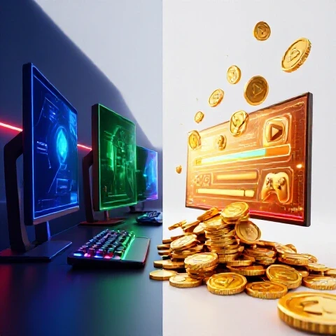 Split 3D scene with glowing gaming setup on one side and golden coins with gaming icons bursting from screen.