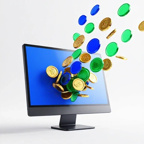 Split scene showing a computer monitor with gold coins and digital tokens flowing out in a bright studio setting.