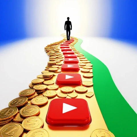 Glossy gold coins and vibrant red video buttons form an upward path toward a bright horizon, with a silhouetted figure boldly ascending.