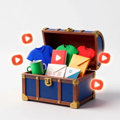 Open treasure chest overflowing with merchandise, digital products, fan mail, and glowing play buttons on a bright white background.
