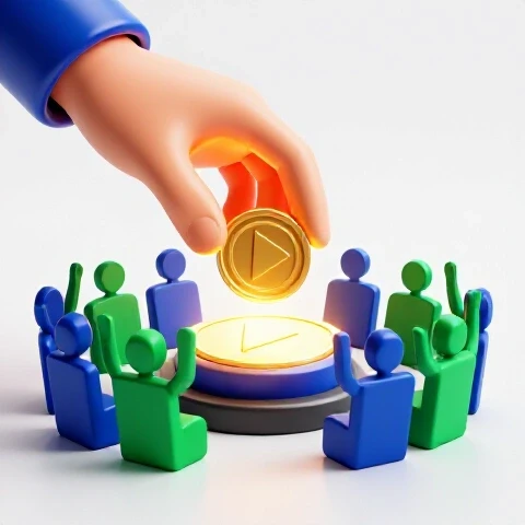 Hand offers a golden coin to a glowing play button surrounded by colorful audience silhouettes symbolizing YouTube support.