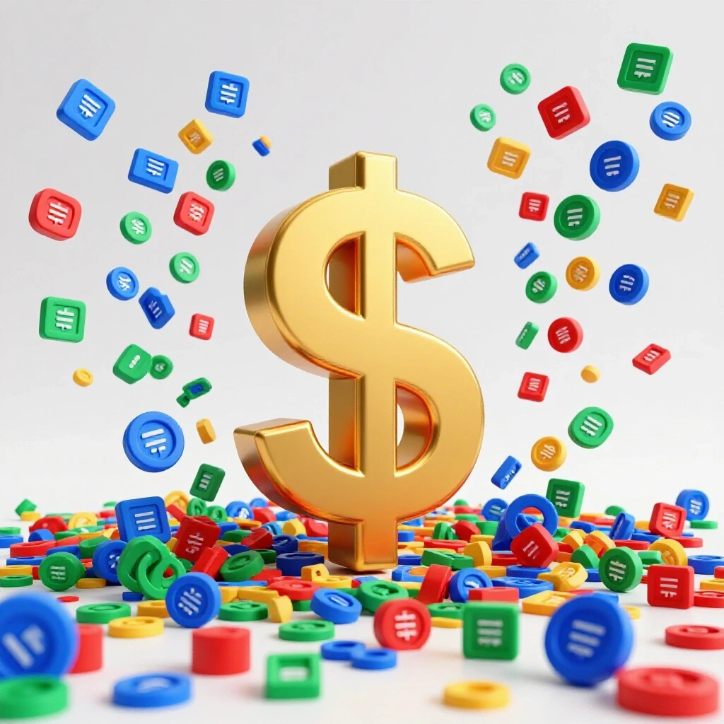 A golden dollar sign stands out among colorful Creative Commons icons, symbolizing monetization opportunities on YouTube.
