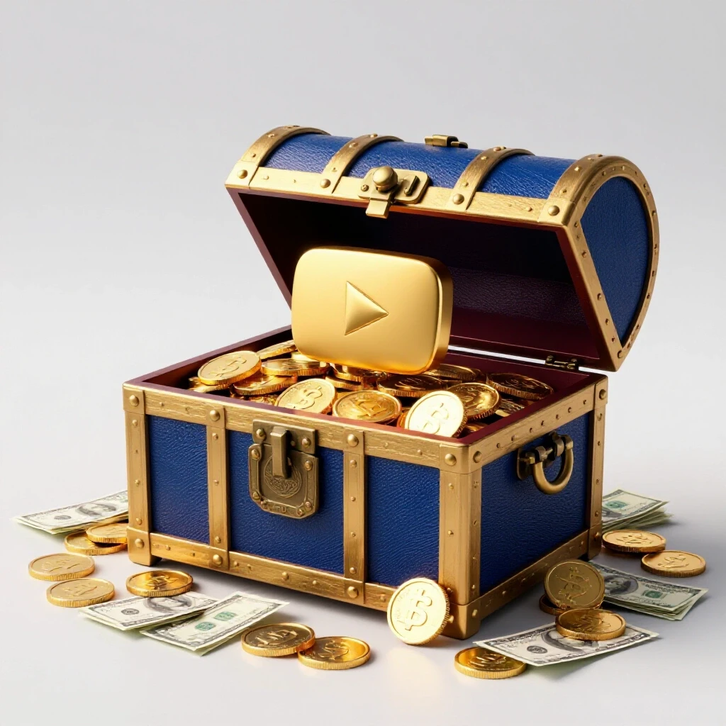 Golden YouTube play button emerging from a treasure chest filled with coins and dollar bills, set against a bright studio backdrop.