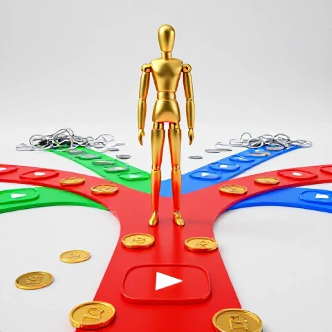 A golden abstract figure stands at a crossroads, choosing a vibrant path lined with coins and YouTube play buttons, leaving behind a chaotic trail of editing tools, all set on a bright studio background.