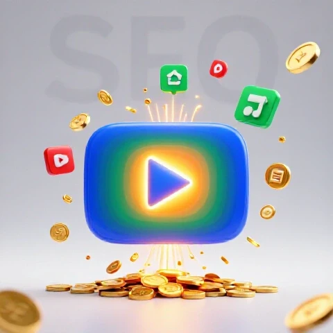 Vibrant YouTube play button surrounded by gold coins and digital icons, streams branching from a fading SEO symbol in a bright studio scene.
