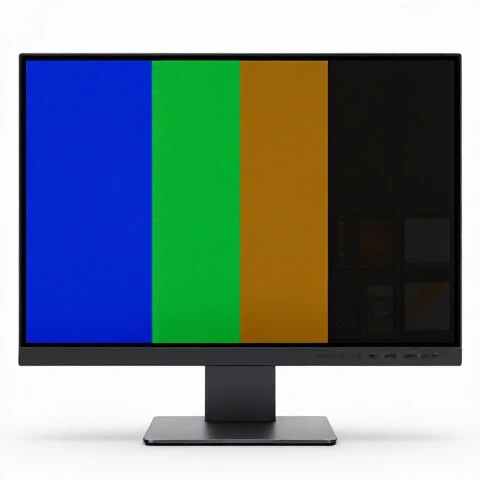 Center computer monitor in bright studio split between vivid colors and dull hues with futuristic digital accents.
