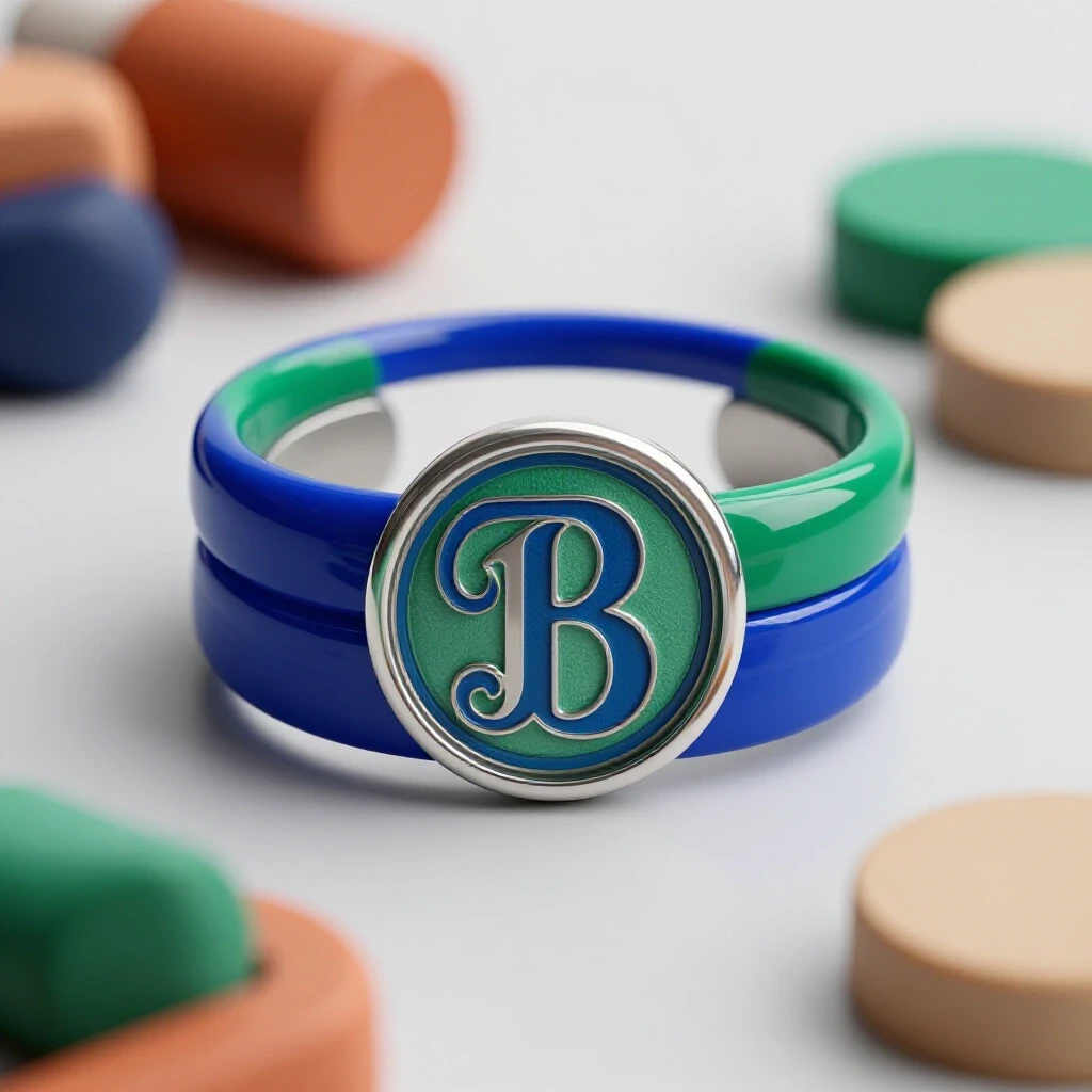 Close-up of an elegant cuff bracelet with a monogram, surrounded by colorful textures in a bright setting.