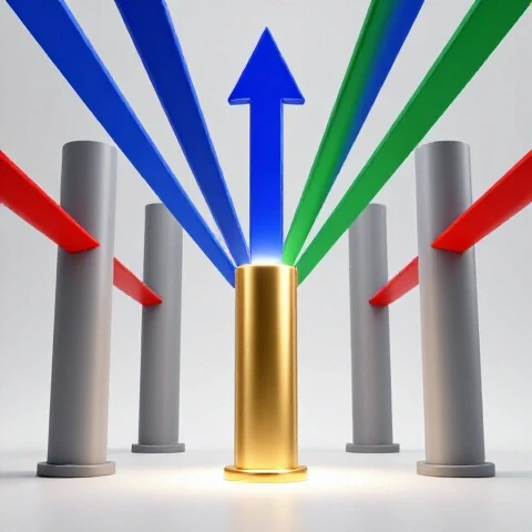 A central golden pillar spotlighted among neutral pillars with dynamic arrows highlighting its importance.
