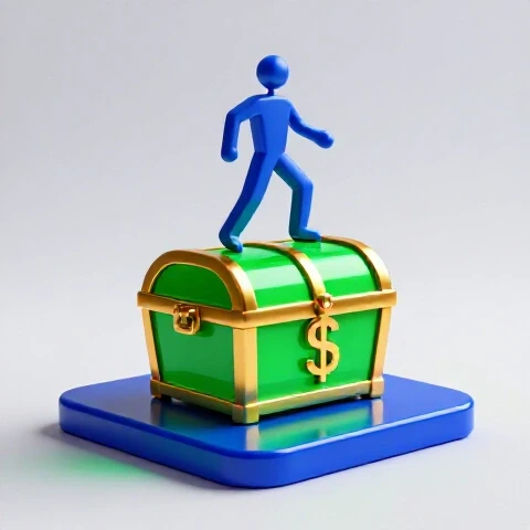 A stylized abstract creator figure steps from a small, unstable platform with a dollar sign onto a glowing treasure chest
