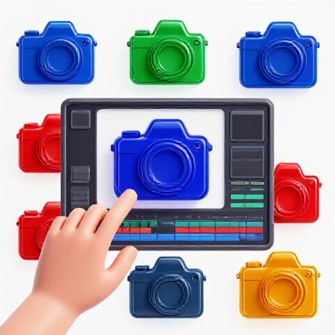 Dynamic split-screen with mannequin hands switching rich-colored camera angles over a bright white background