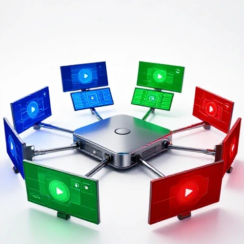 Colorful video screens branch dynamically from a central media hub on a bright studio background.