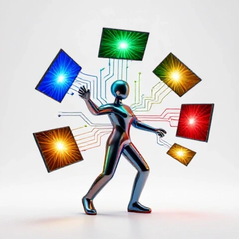 Abstract central figure juggling luminous video screens over digital pathways, symbolizing YouTube channel growth.