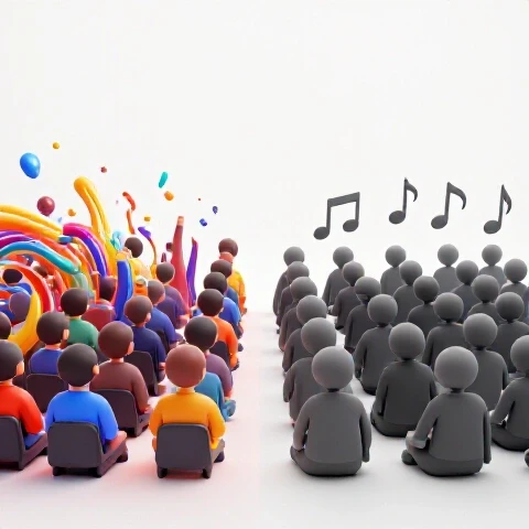 Split-screen with vibrant musical waves energizing an audience on one side, muted tones showing disinterest on the other.