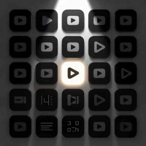 3D image of spotlight illuminating a glowing video thumbnail among mysterious YouTube thumbnails, evoking discovery.