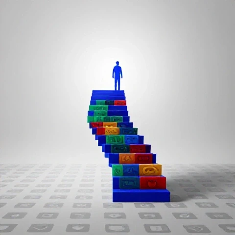 Vibrant staircase of video thumbnails guided by a storyteller icon ascending from dull video icons, symbolizing YouTube narrative growth.