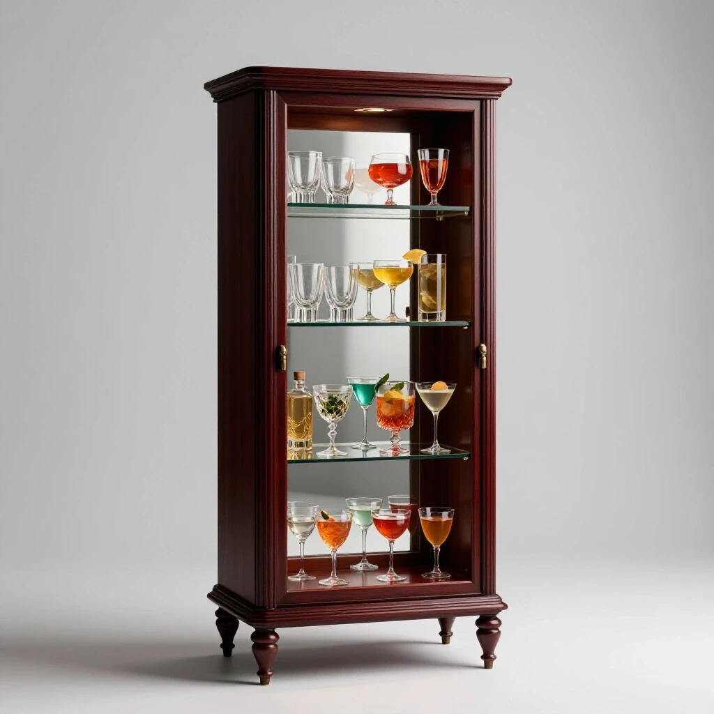 An elegant narrow cocktail cabinet showcasing vibrant cocktails and stylish glassware against a bright background.