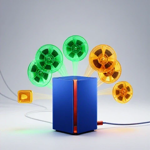Modern NAS device surrounded by vibrant connections, video editing icons, and colorful film reels