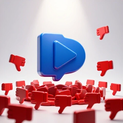 A bold blue creator icon rises confidently above swirling red thumbs-downs on a bright white background.