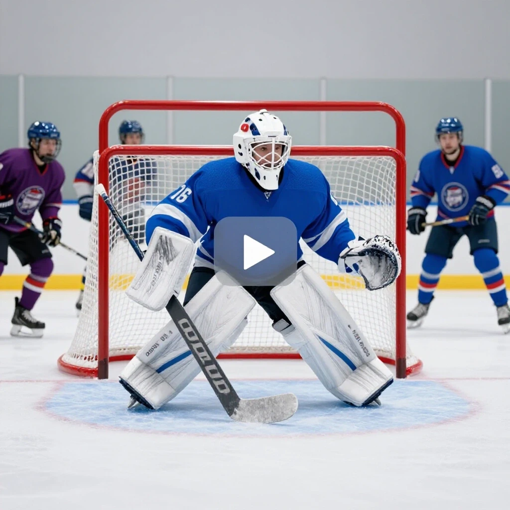 A dynamic scene of a goalie making a spectacular save on an ice hockey rink, with vibrant team jerseys and a YouTube play button subtly in the ice.